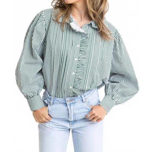 KARLIE Tops - NEW KARLIE striped ruffle trim top in green
